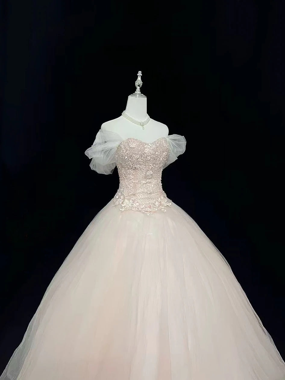 Cute Ball Gown Boat Light Pink With Appliqued Sleeves Long Quince Dress Voluminous Sweet 16 Sweet Sixteen Outfits Vestido de 15 RB7539