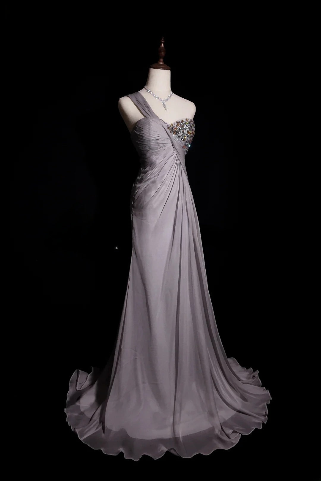 Silver Gray A Line One Shoulder Chiffon With Beading Floor Length Formal Party Gown RB9951