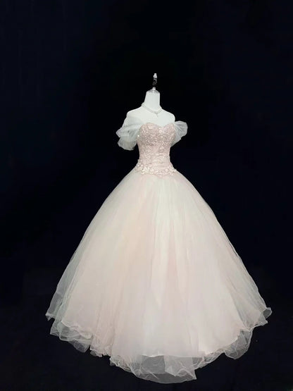 Cute Ball Gown Boat Light Pink With Appliqued Sleeves Long Quince Dress Voluminous Sweet 16 Sweet Sixteen Outfits Vestido de 15 RB7539