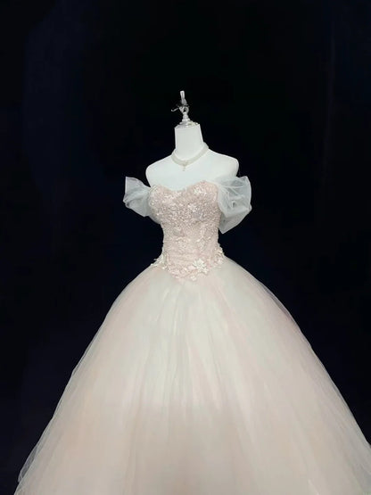 Cute Ball Gown Boat Light Pink With Appliqued Sleeves Long Quince Dress Voluminous Sweet 16 Sweet Sixteen Outfits Vestido de 15 RB7539
