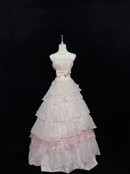Vintage Ball Gown Spaghetti Straps Pink Chiffon With Appliqued Lace Long Prom Dress Formal Outfits Party Dresses RB7540