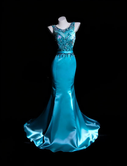 Prom Dresses Mermaid Scoop Satin With Beading Floor Length Formal Party Gown RB9952