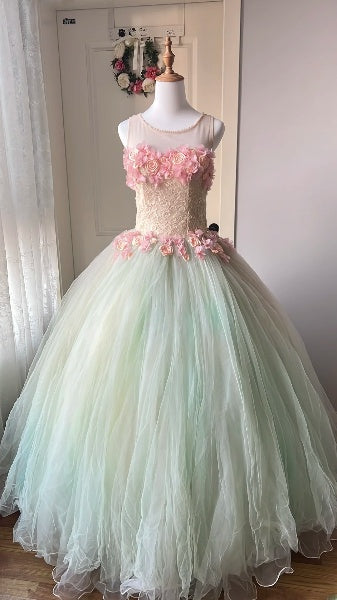 Elegant Sweet 16 Dress Long Scoop Sage Green With Pink Flowers Tulle Ball Gown Sweet Sixteen Party Birthday Dresses RC0524