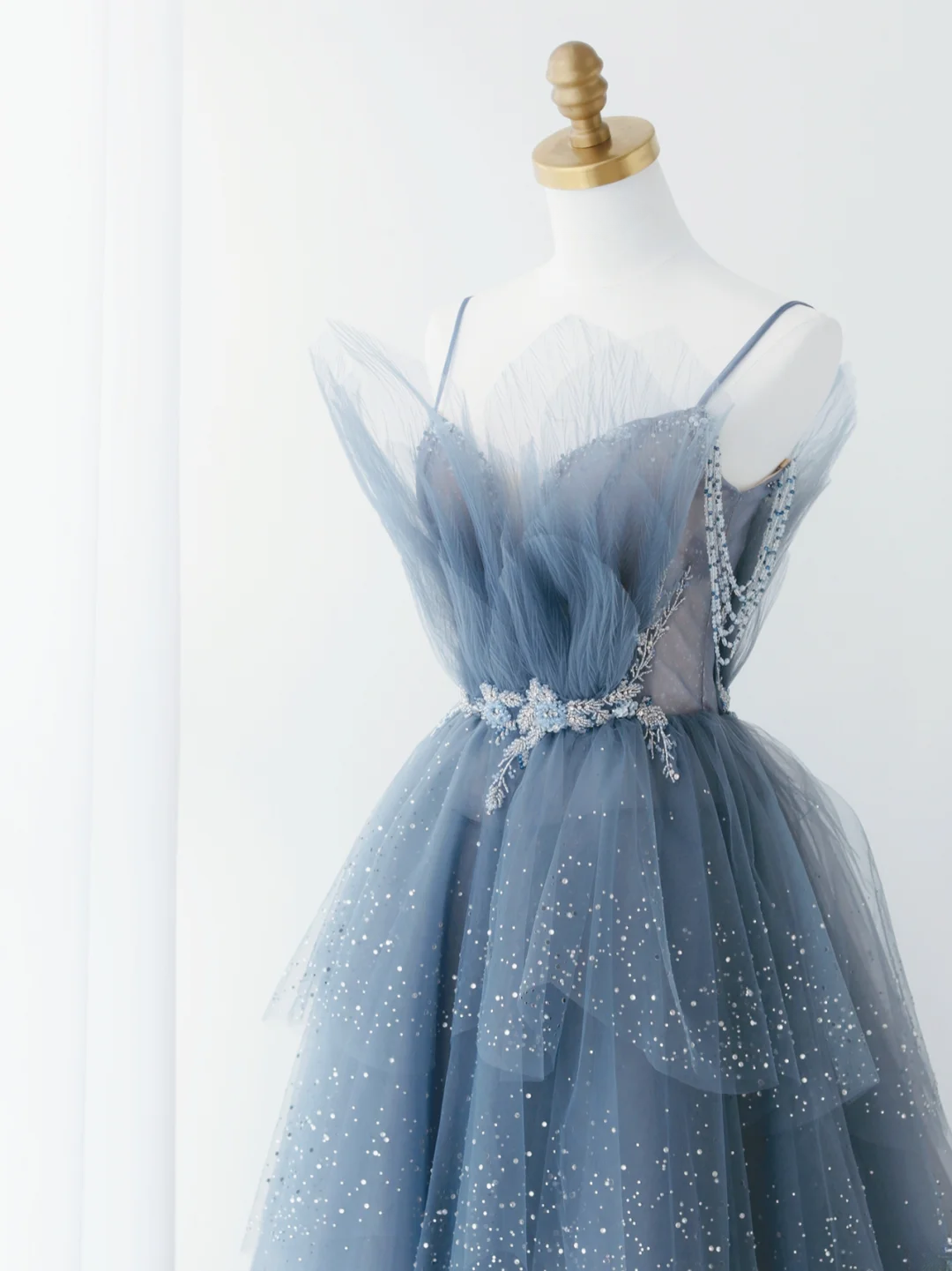 Gorgeous Dusty Blue Sparkly Tulle Beaded Prom Dress Tiered Formal Gown With Rhinestone Party Gowns AS161