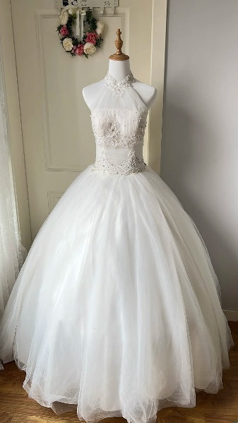 Elegant Sweet 16 Dress Long White Halter Tulle Ball Gown Sweet Sixteen Party Birthday Dresses RC0525