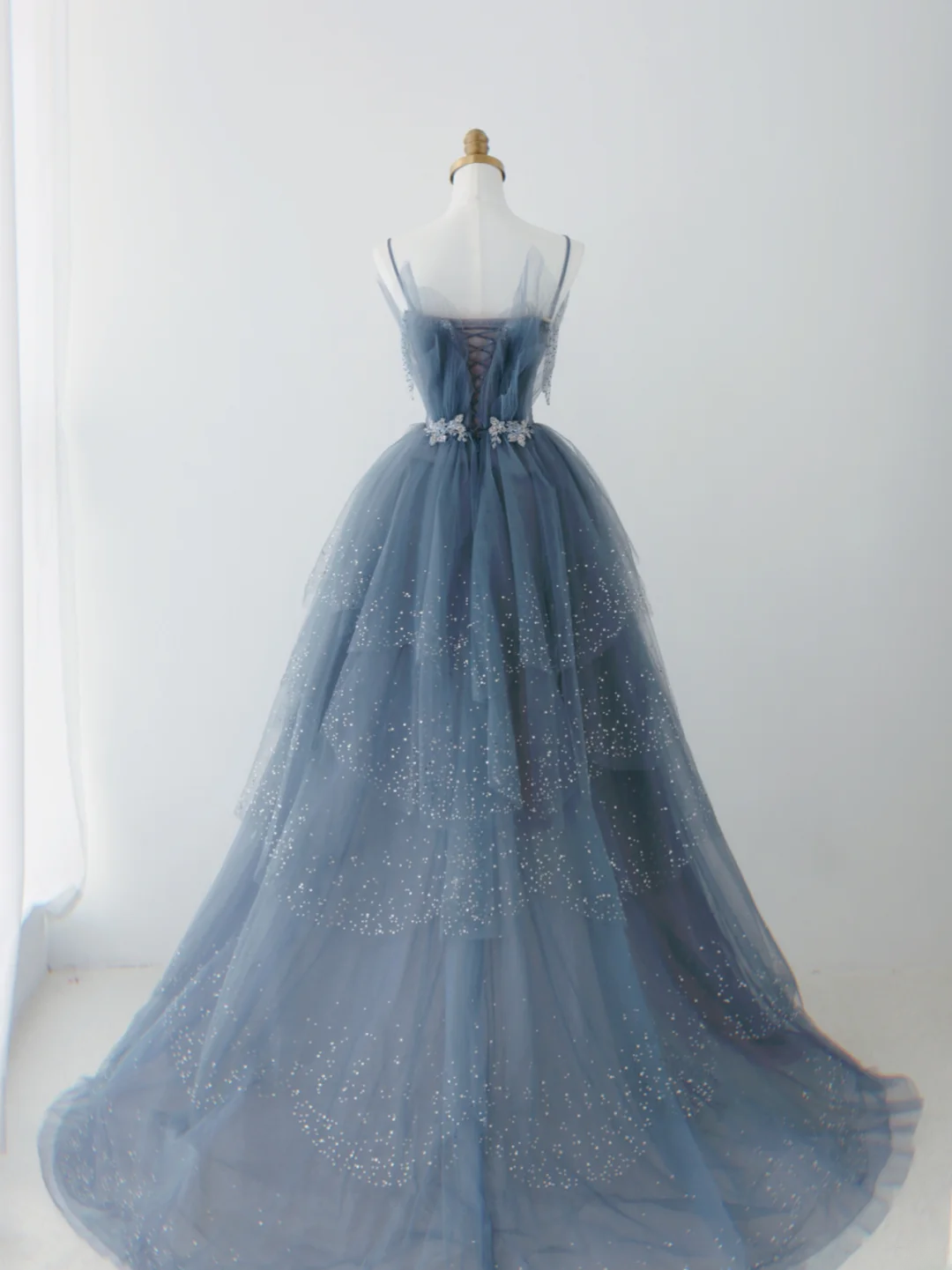 Gorgeous Dusty Blue Sparkly Tulle Beaded Prom Dress Tiered Formal Gown With Rhinestone Party Gowns AS161