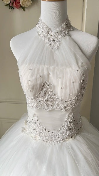 Elegant Sweet 16 Dress Long White Halter Tulle Ball Gown Sweet Sixteen Party Birthday Dresses RC0525