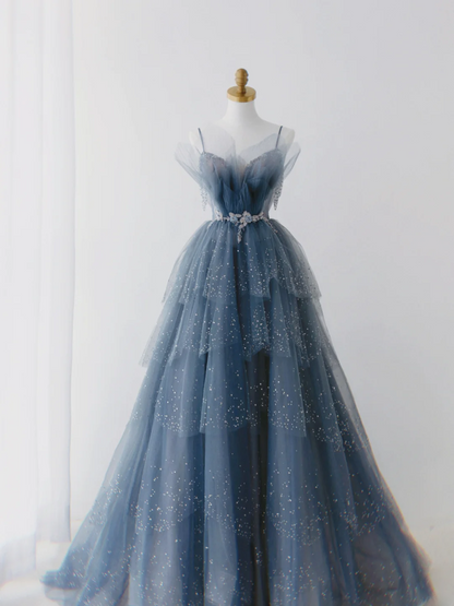Gorgeous Dusty Blue Sparkly Tulle Beaded Prom Dress Tiered Formal Gown With Rhinestone Party Gowns AS161