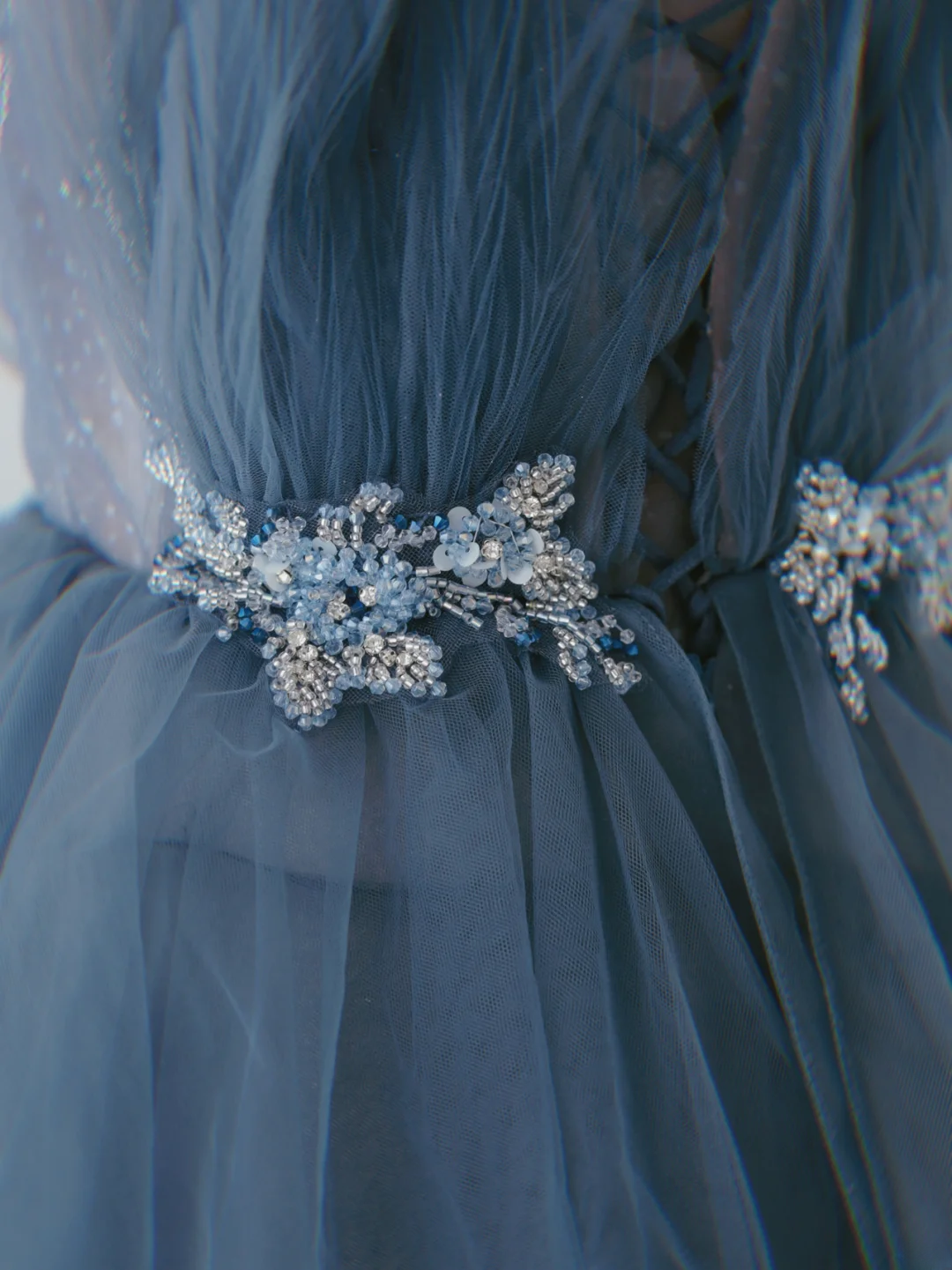 Gorgeous Dusty Blue Sparkly Tulle Beaded Prom Dress Tiered Formal Gown With Rhinestone Party Gowns AS161