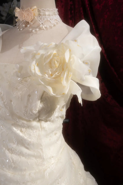 Retro Vintage Ball Gown Square 1950s Cream Ivory With Ruffled Flowers Long Autumn Winter Bridal Dress Wedding Dresses RB8296