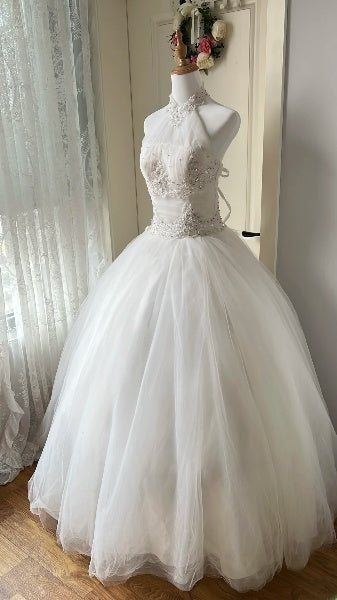 Elegant Sweet 16 Dress Long White Halter Tulle Ball Gown Sweet Sixteen Party Birthday Dresses RC0525