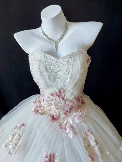 Sweet 16 Dress Sweetheart Tulle Pink Appliques Sleeveless Ball Gown With Beading Sweet Sixteen Dress RB9953