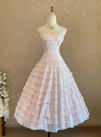 Elegant Ball Gown Spaghetti Straps Pink Lace Prom Dress Mid Length For Women Evening Party Gown RB9109