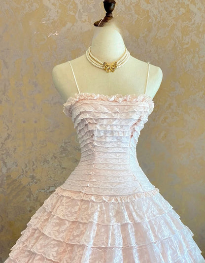 Elegant Ball Gown Spaghetti Straps Pink Lace Prom Dress Mid Length For Women Evening Party Gown RB9109