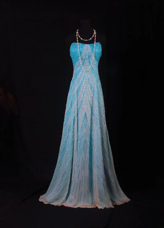 Sparkly Prom Dresses Aesthetic A line Strapless Blue With Beads Inspo Impress Long Party Semi Formal Gown For Senior Teens High Schools AS163