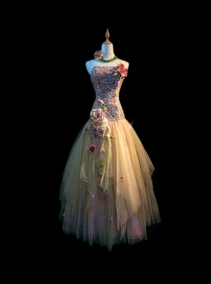 Vintage Prom Dresses Mermaid Strapless Champagne Tulle With Lace Sleeveless Long Evening Formal Outfits RB3599