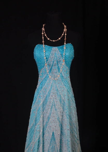 Sparkly Prom Dresses Aesthetic A line Strapless Blue With Beads Inspo Impress Long Party Semi Formal Gown For Senior Teens High Schools AS163