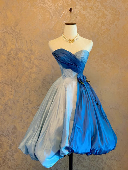Cute Ball Gown Sweethart Blue Satin Knee Length Party Dresses Homecoming Cocktail Gown RB9110
