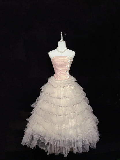 Cute Ball Gown Strapless Light Pink With Tiered Layers Long Quince Dress Voluminous Sweet 16 Sweet Sixteen Outfits Vestido de 15 RB7544