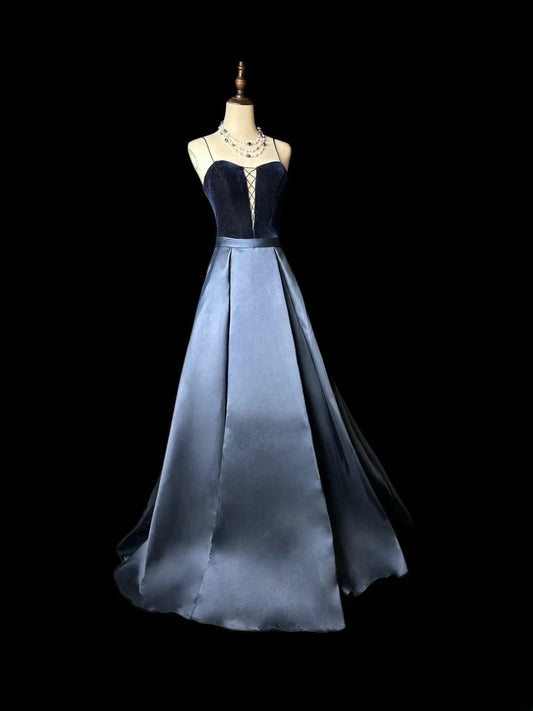 Vintage Prom Dresses A line Spaghetti Strap Navy Blue Satin Long Party Gown Formal Outfits RB5973