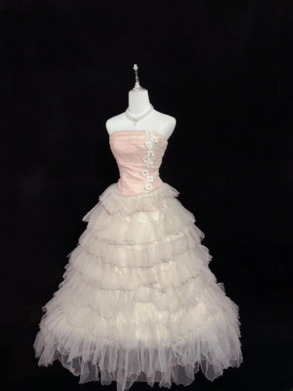 Cute Ball Gown Strapless Light Pink With Tiered Layers Long Quince Dress Voluminous Sweet 16 Sweet Sixteen Outfits Vestido de 15 RB7544