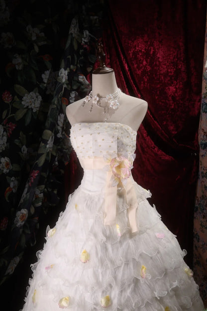 Chic Ball Gown Strapless Ivory Tulle Long With Beading Flower Tiered Quince Dress inspo Party Gowns Sweet 16 Outfits RB8299