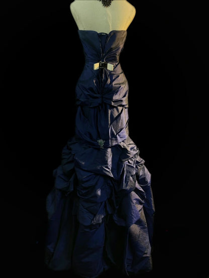 Vintage Prom Dresses Mermaid Strapless Navy Blue Taffeta With Lace Sleeveless Long Evening Formal Outfits RB3600