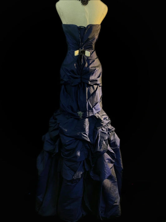 Vintage Prom Dresses Mermaid Strapless Navy Blue Taffeta With Lace Sleeveless Long Evening Formal Outfits RB3600
