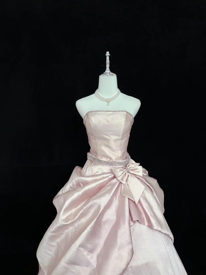 Cute Ball Gown Strapless Pink With Bow Silver Beading Long Quince Dress Voluminous Sweet 16 Sweet Sixteen Outfits Vestido de 15 RB7545