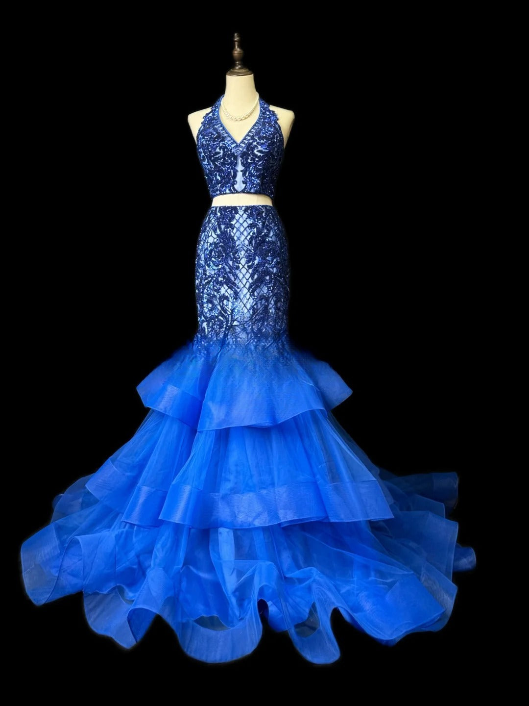 Chic Prom Dresses Mermaid 2 Pieces Royal Blue Sequin Sleeveless Long Formal Outfits RB5974