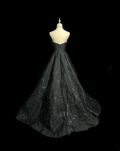 Vintage Prom Dresses Ball Gown Strapless Black With Lace Satin Long Party Gown Formal Outfits RB5975