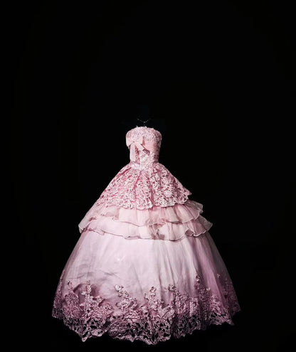 Modest Ball Gown Strapless Pink Lace Long Quinceañera Dress Moda 2000 15 Quinceanera Dresses Ideas Sweet 16 Outfits RB7149