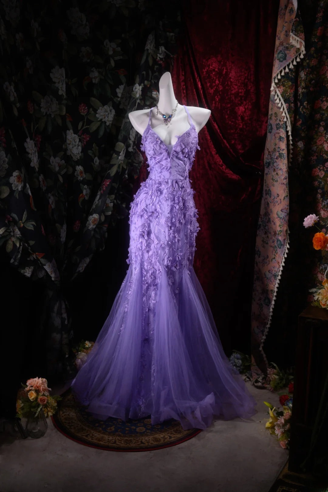Charming Mermaid Halter Grape Tulle Backless With Appliqued Long Prom Dresses Formal Outfits Evening Dress RB8301
