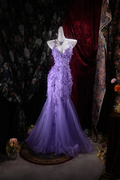 Charming Mermaid Halter Grape Tulle Backless With Appliqued Long Prom Dresses Formal Outfits Evening Dress RB8301