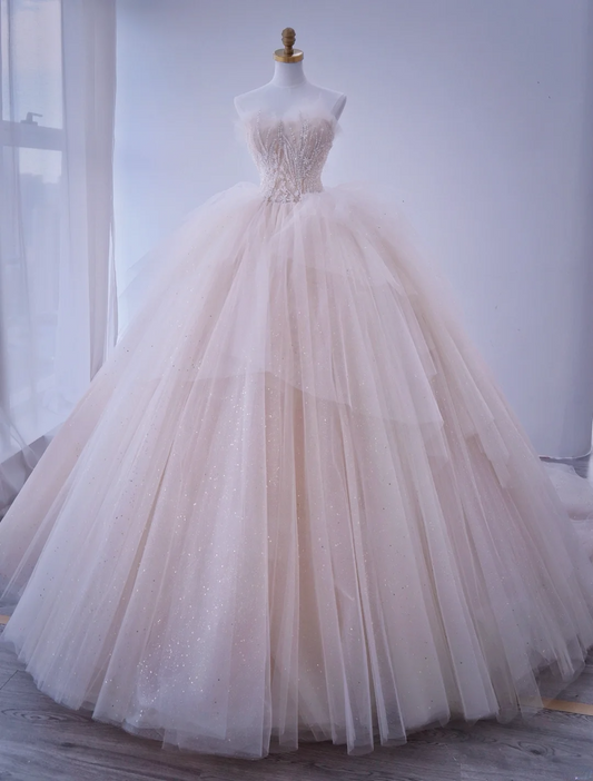 Unique Ball Gown Strapless Light Pink With Multi Layered Beadings Long Quinceanera Dresses Sweet 15 16 Birthday Gown AS166