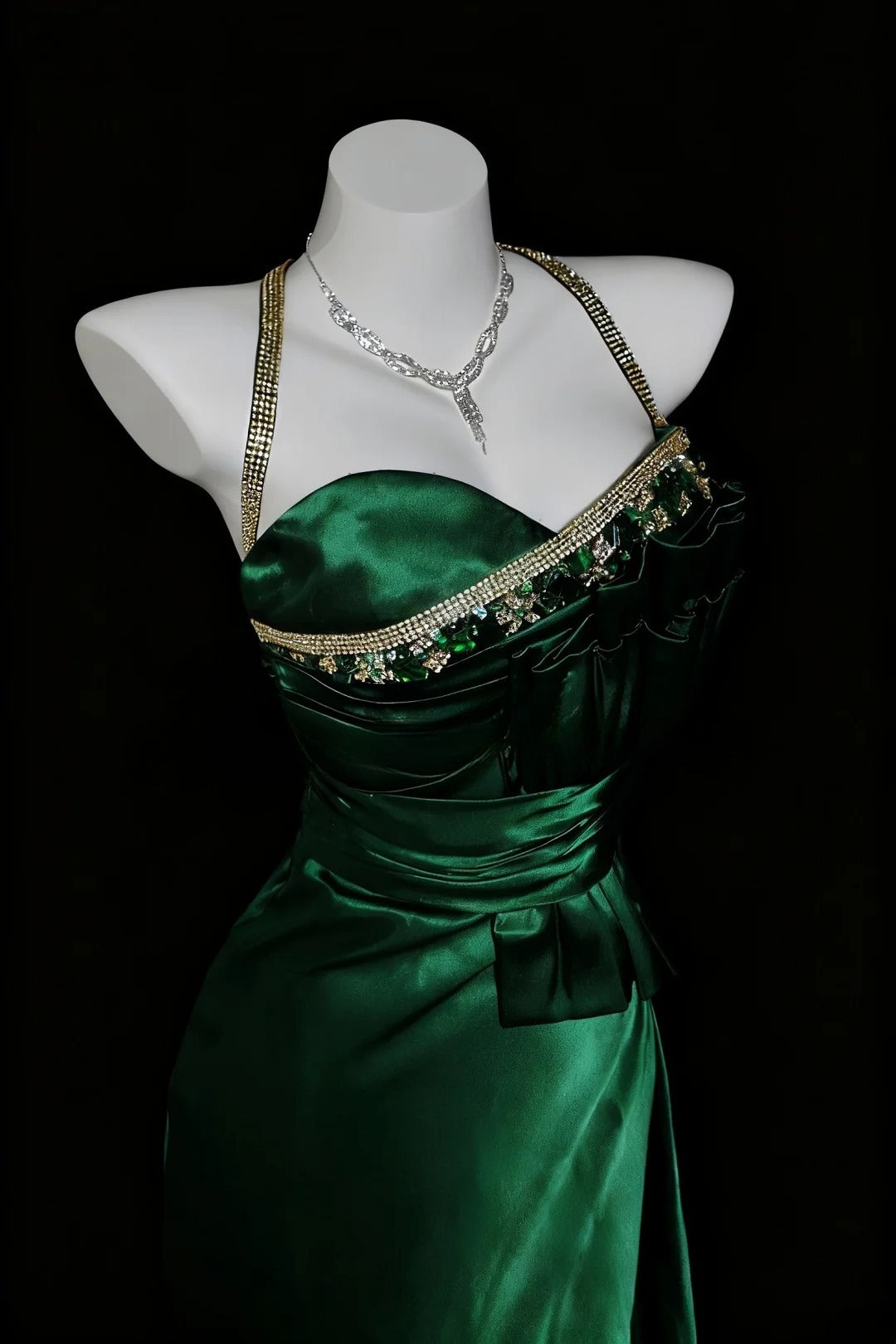 Satin Prom Dresses Mermaid Halter Dark Green With Beading Floor Length Formal Party Gown RB9957