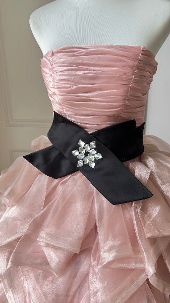 Sweet 15 Quinceanera Dress Ball Gown Strapless Pink With Tiered Layers Long 15th Birthday Gown RC0528