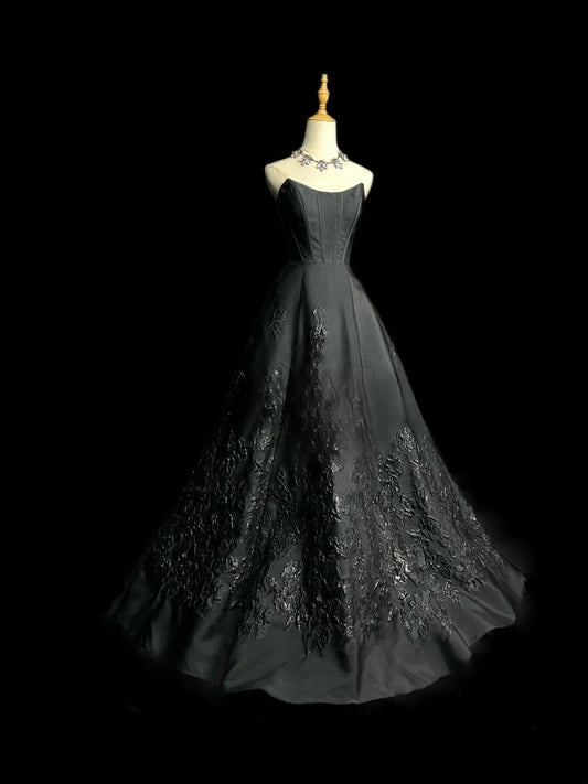 Vintage Prom Dresses Ball Gown Strapless Black With Lace Satin Long Party Gown Formal Outfits RB5975