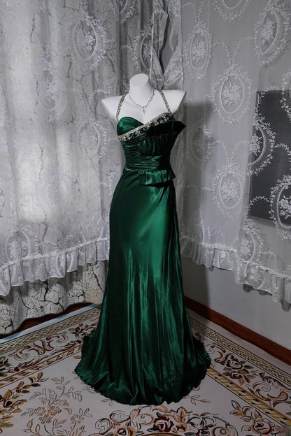 Satin Prom Dresses Mermaid Halter Dark Green With Beading Floor Length Formal Party Gown RB9957