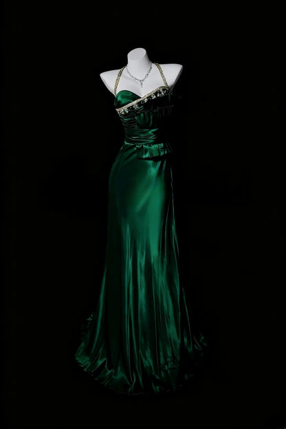 Satin Prom Dresses Mermaid Halter Dark Green With Beading Floor Length Formal Party Gown RB9957