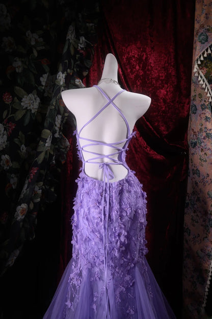 Charming Mermaid Halter Grape Tulle Backless With Appliqued Long Prom Dresses Formal Outfits Evening Dress RB8301