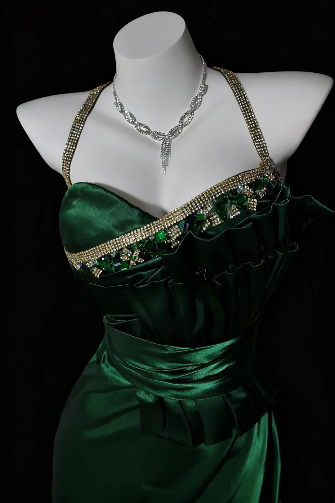 Satin Prom Dresses Mermaid Halter Dark Green With Beading Floor Length Formal Party Gown RB9957