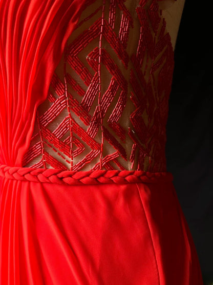 Chic Prom Dresses A line V Neckline Red Chiffon Open Back Sleeveless Long Formal Outfits RB5976