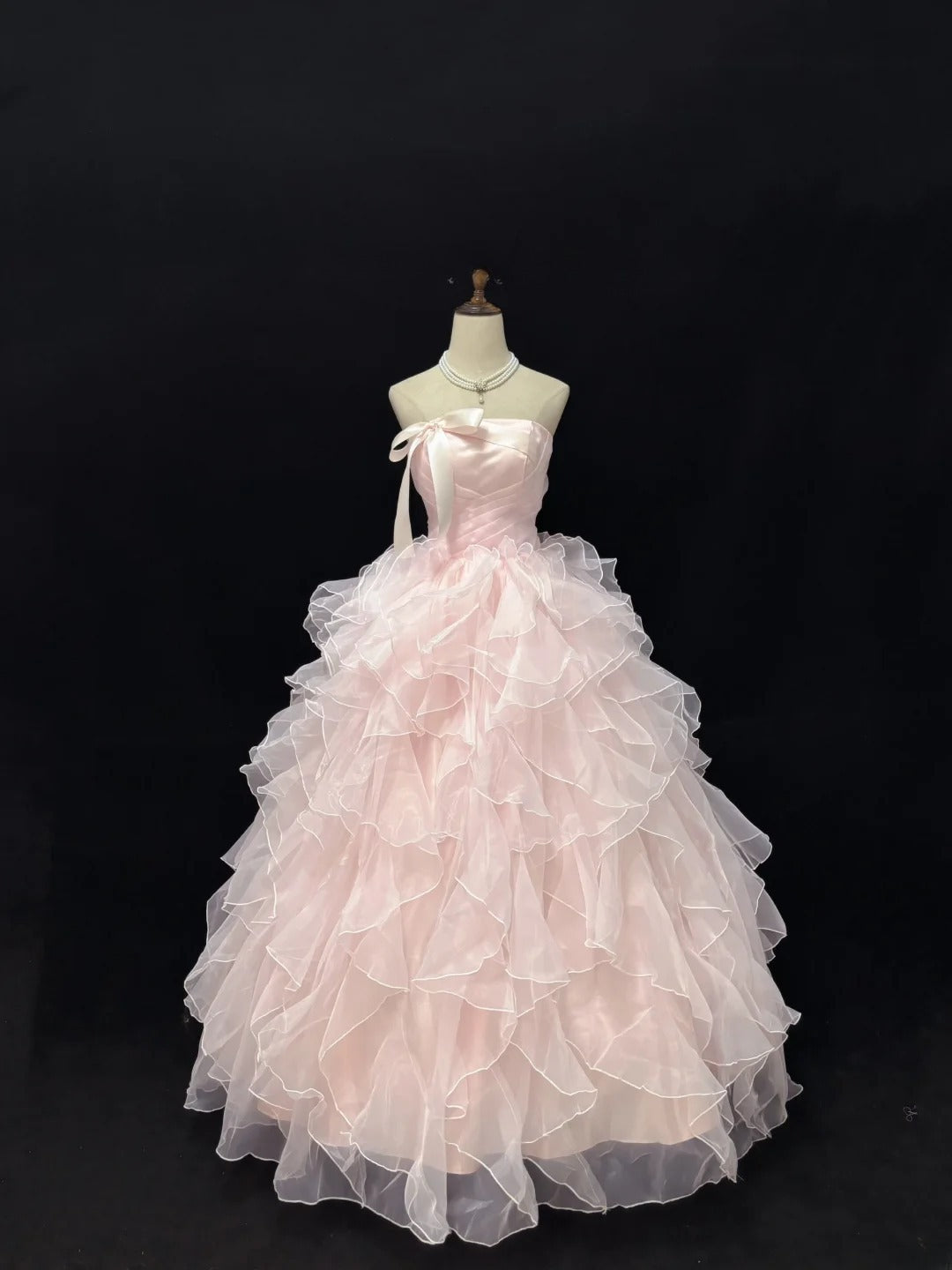 Cute Ball Gown Strapless Pink With Bow Ruffles Tiered Long Quince Dress Voluminous Sweet 16 Sweet Sixteen Outfits Vestido de 15 RB7547