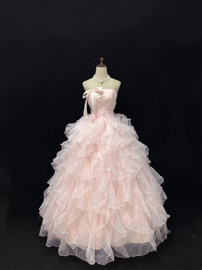 Cute Ball Gown Strapless Pink With Bow Ruffles Tiered Long Quince Dress Voluminous Sweet 16 Sweet Sixteen Outfits Vestido de 15 RB7547