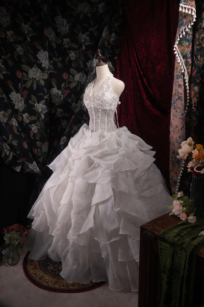 Dreamy Princess Ball Gown Formal Events Halter White Chiffon With Tiered Quince Dress Quinceanera Dresses Birthday Outfits RB8365