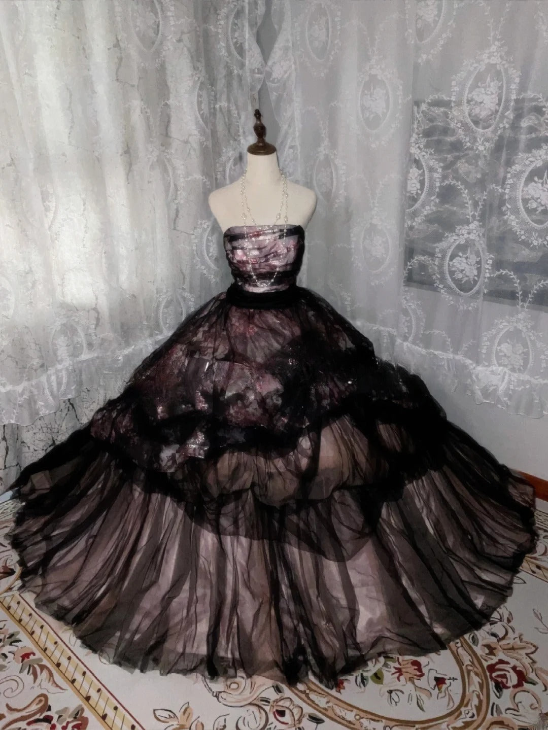 Ball Gown Sweet 16 Dress, Long Floral Strapless Tulle Lace Sweet Sixteen Birthday Party Dress RB9958