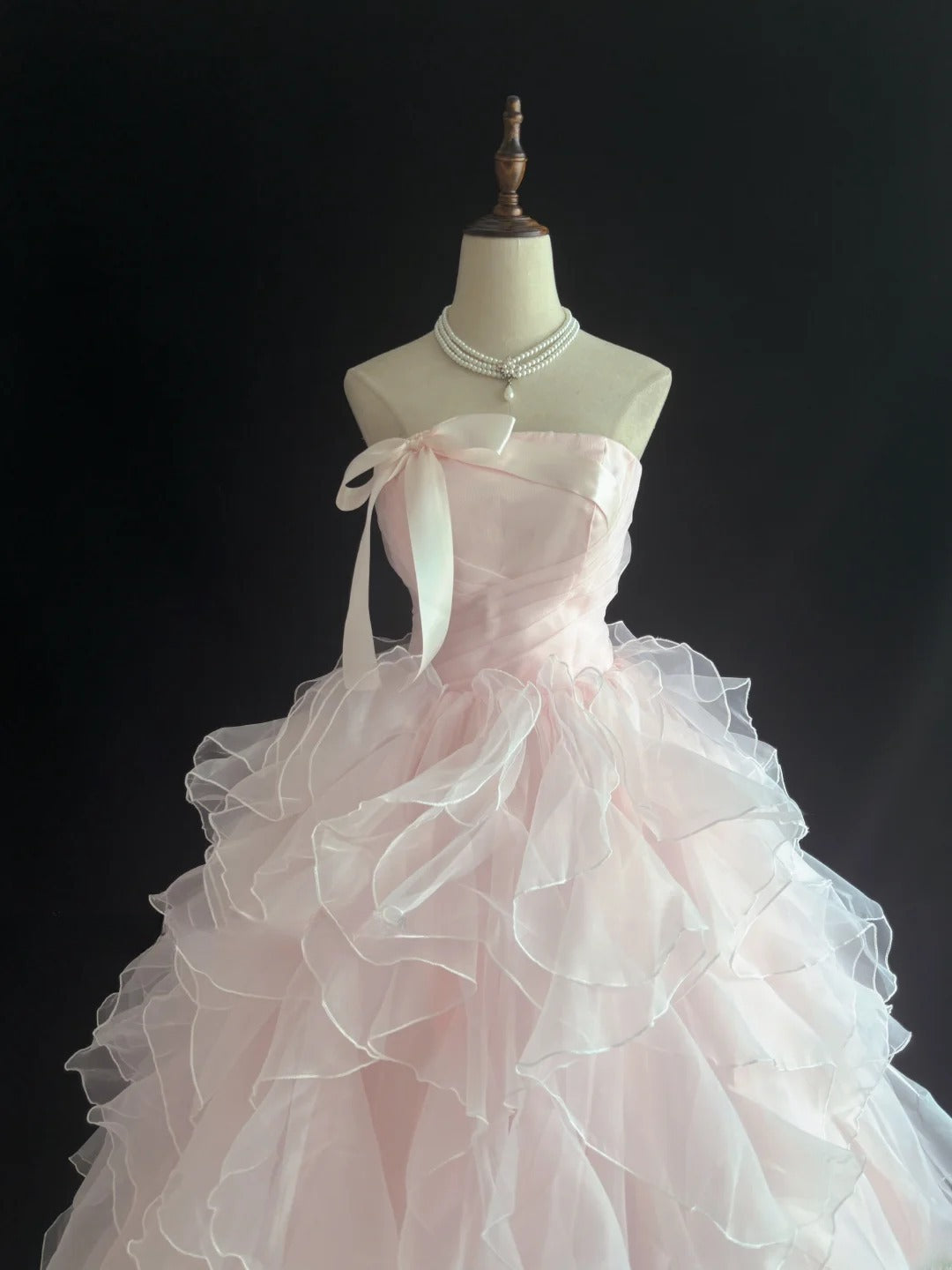 Cute Ball Gown Strapless Pink With Bow Ruffles Tiered Long Quince Dress Voluminous Sweet 16 Sweet Sixteen Outfits Vestido de 15 RB7547
