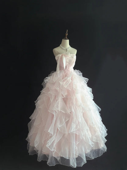 Cute Ball Gown Strapless Pink With Bow Ruffles Tiered Long Quince Dress Voluminous Sweet 16 Sweet Sixteen Outfits Vestido de 15 RB7547