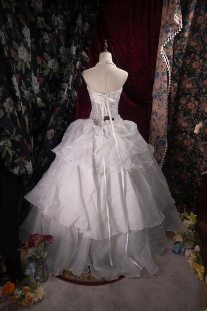 Dreamy Princess Ball Gown Formal Events Halter White Chiffon With Tiered Quince Dress Quinceanera Dresses Birthday Outfits RB8365